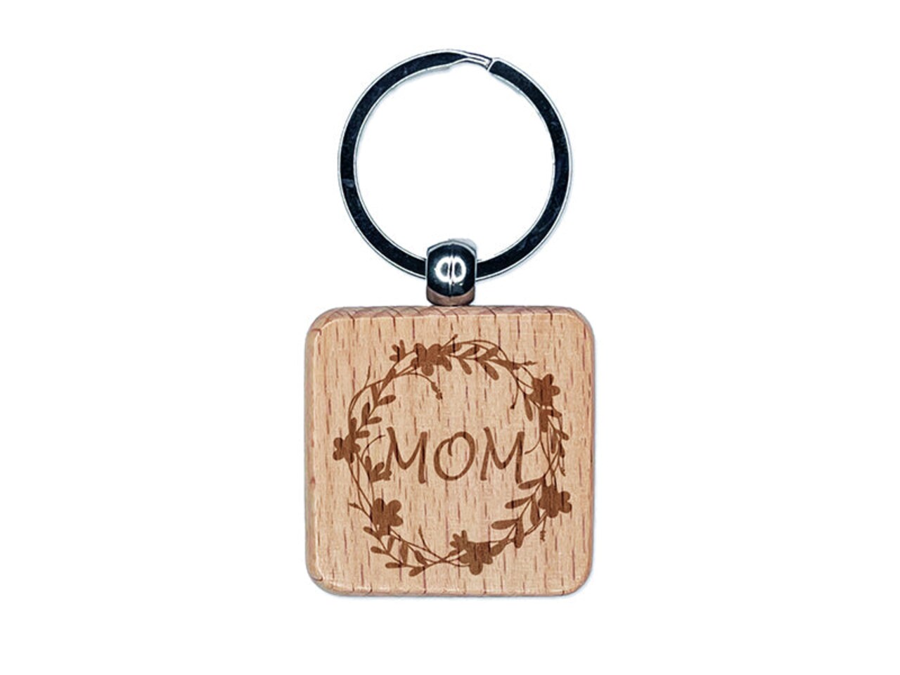 Mom Flower Wreath Mother's Day Engraved Wood Square Keychain Tag Charm
